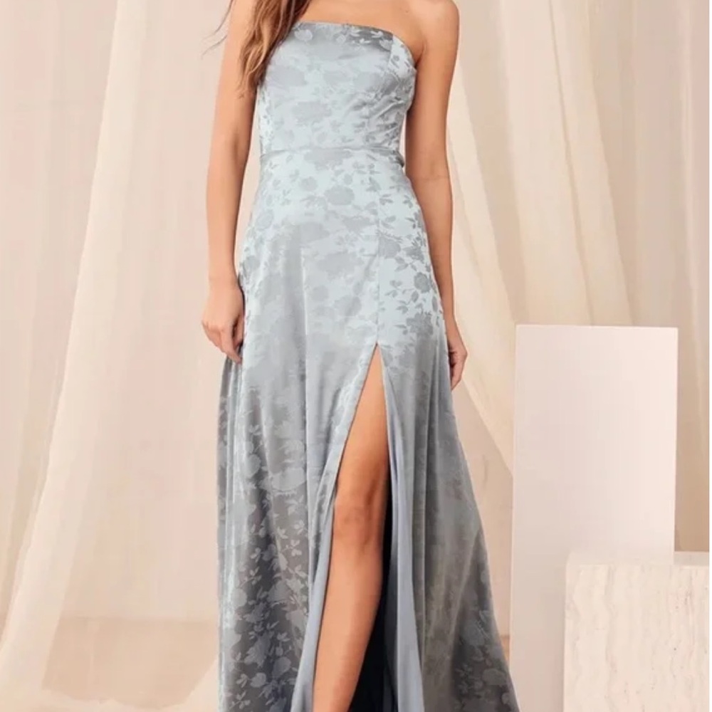Lulus Made to Marvel Dusty Blue Satin Jacquard Strapless Maxi Dress